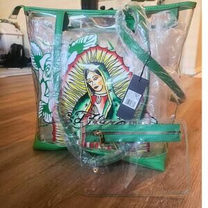 Ed Hardy Virgin Mary Clear Tote Bag - Green PVC - NWT
